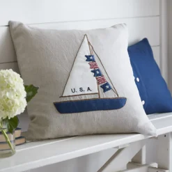 Seaside | Americana Embroideries<Taylor Linens Americana Sailboat – Natural Linen Porch Pillow