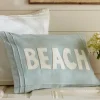Seaside<Taylor Linens Beach – White on Aqua Linen Lumbar Pillow