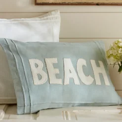 Seaside<Taylor Linens Beach – White on Aqua Linen Lumbar Pillow