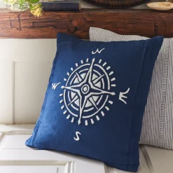 Camps & Cottages<Taylor Linens Compass – White on Indigo Linen Porch Pillow