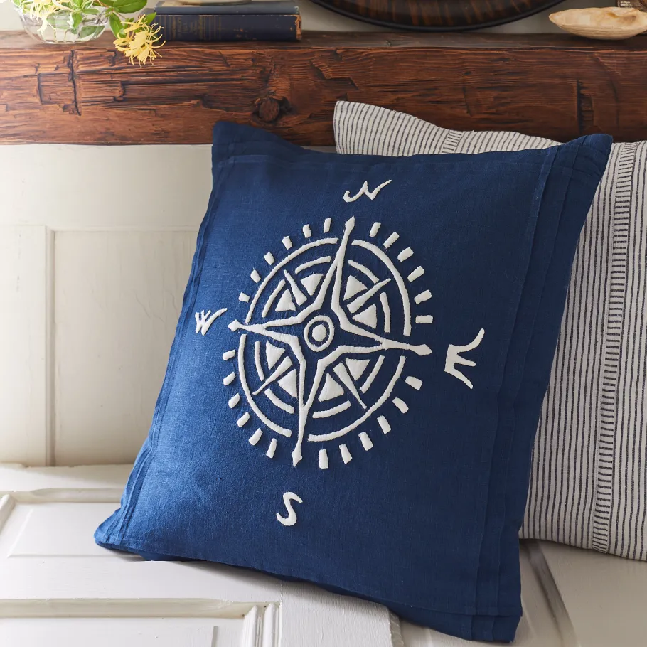 Camps & Cottages<Taylor Linens Compass – White on Indigo Linen Porch Pillow