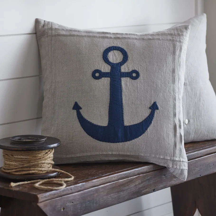Seaside | Camps & Cottages<Taylor Linens Indigo Anchor on Natural Linen
