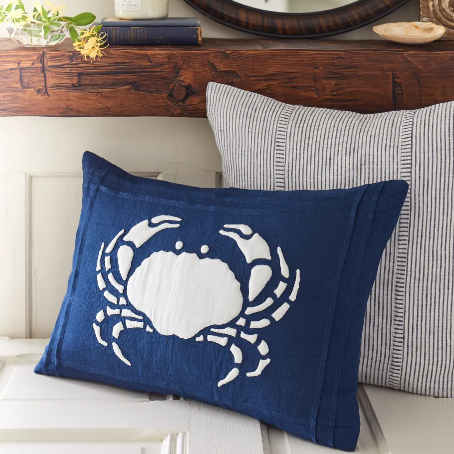 Seaside | Camps & Cottages<Taylor Linens Indigo Linen Crab Pillow