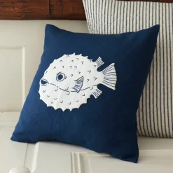Seaside<Taylor Linens Indigo Puffer Fish Porch Pillow