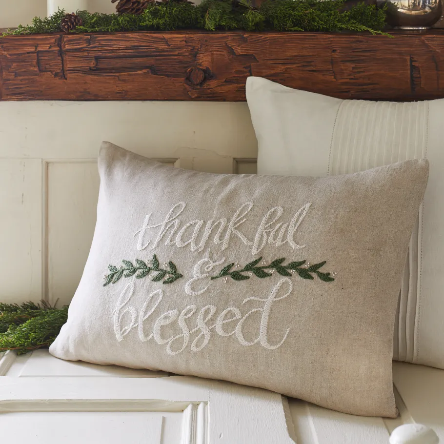 Winter Embroideries<Taylor Linens Thankful and Blessed on Natural Linen Pillow