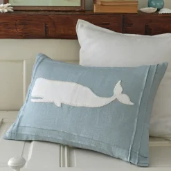 Seaside<Taylor Linens Whale Aqua on White Linen Pillow