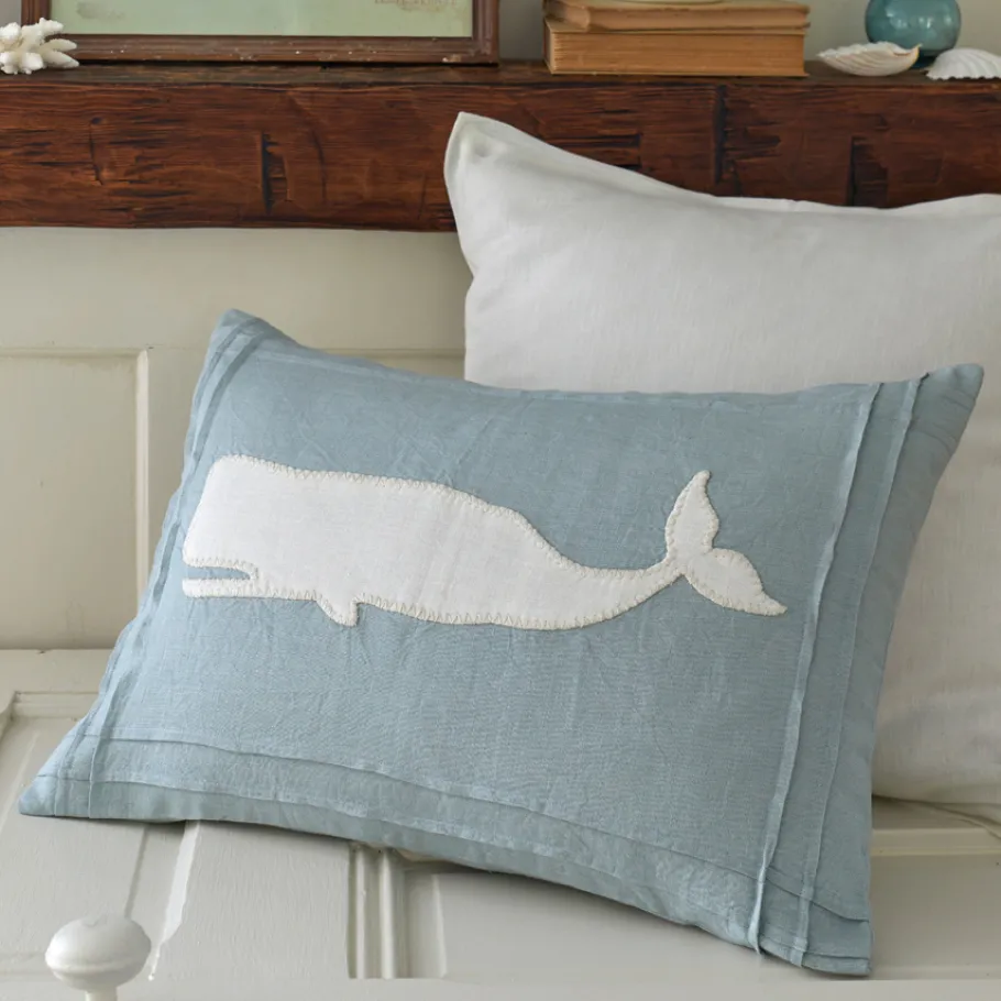 Seaside<Taylor Linens Whale Aqua on White Linen Pillow