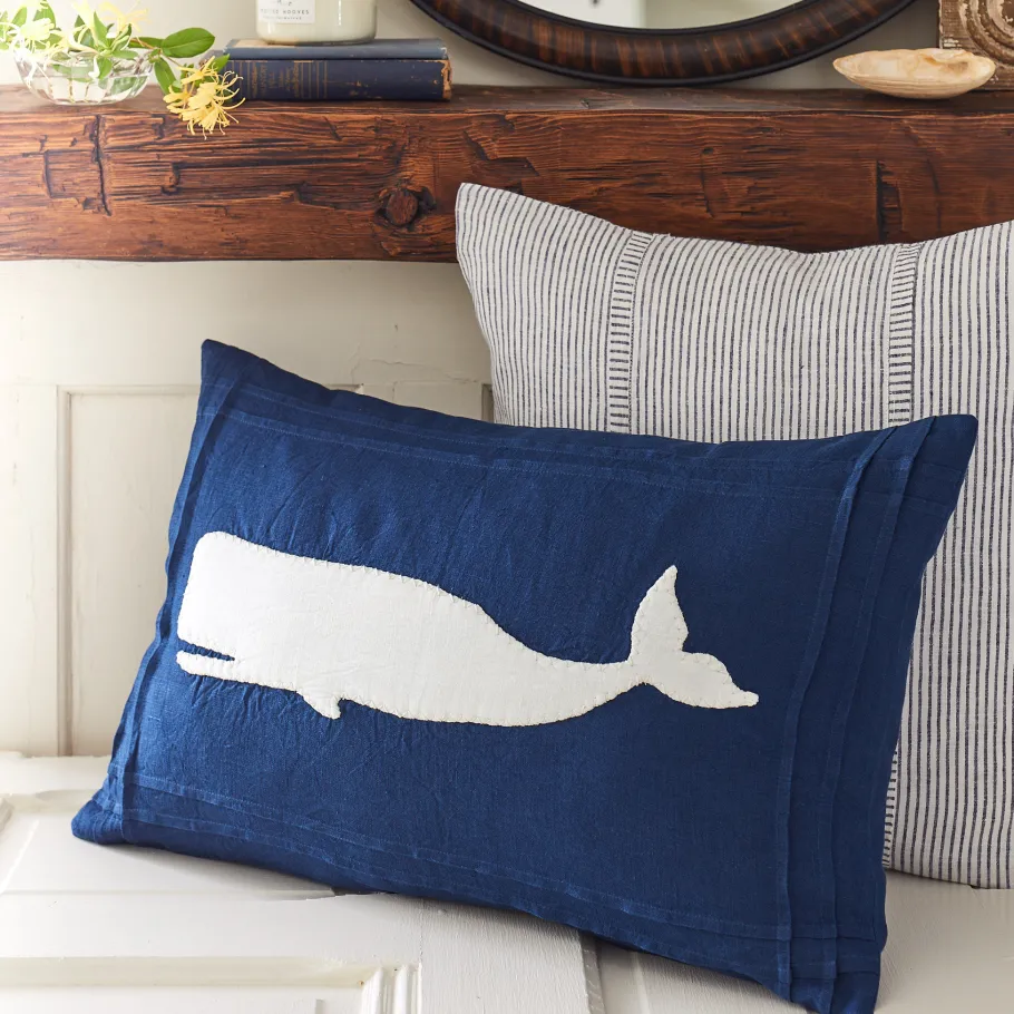 Seaside | Camps & Cottages<Taylor Linens White Whale on Indigo Linen Pillow